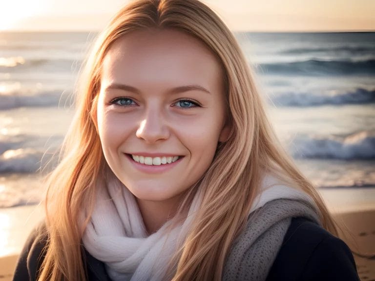 Portrett av en smilende ung kvinne med blondt hår og skjerf på stranden i solnedgangen.
