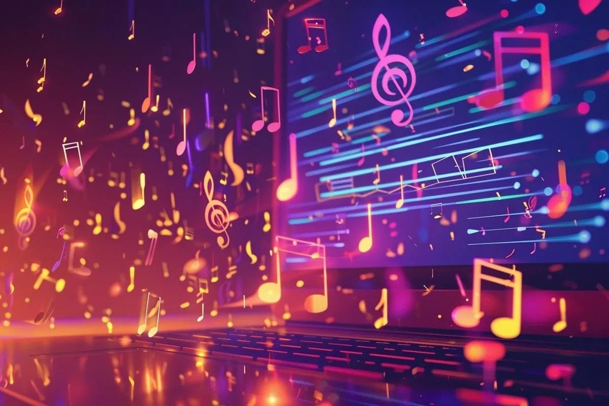 Levende noter og musikalske symboler i neonfarger som danser over en mørk bakgrunn.