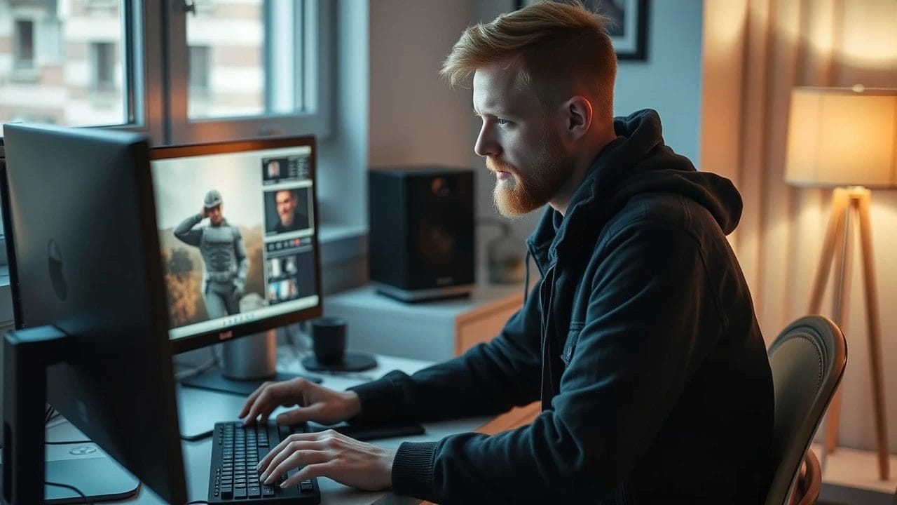 Mann foran pc-en sin der han komprimerer bilder.